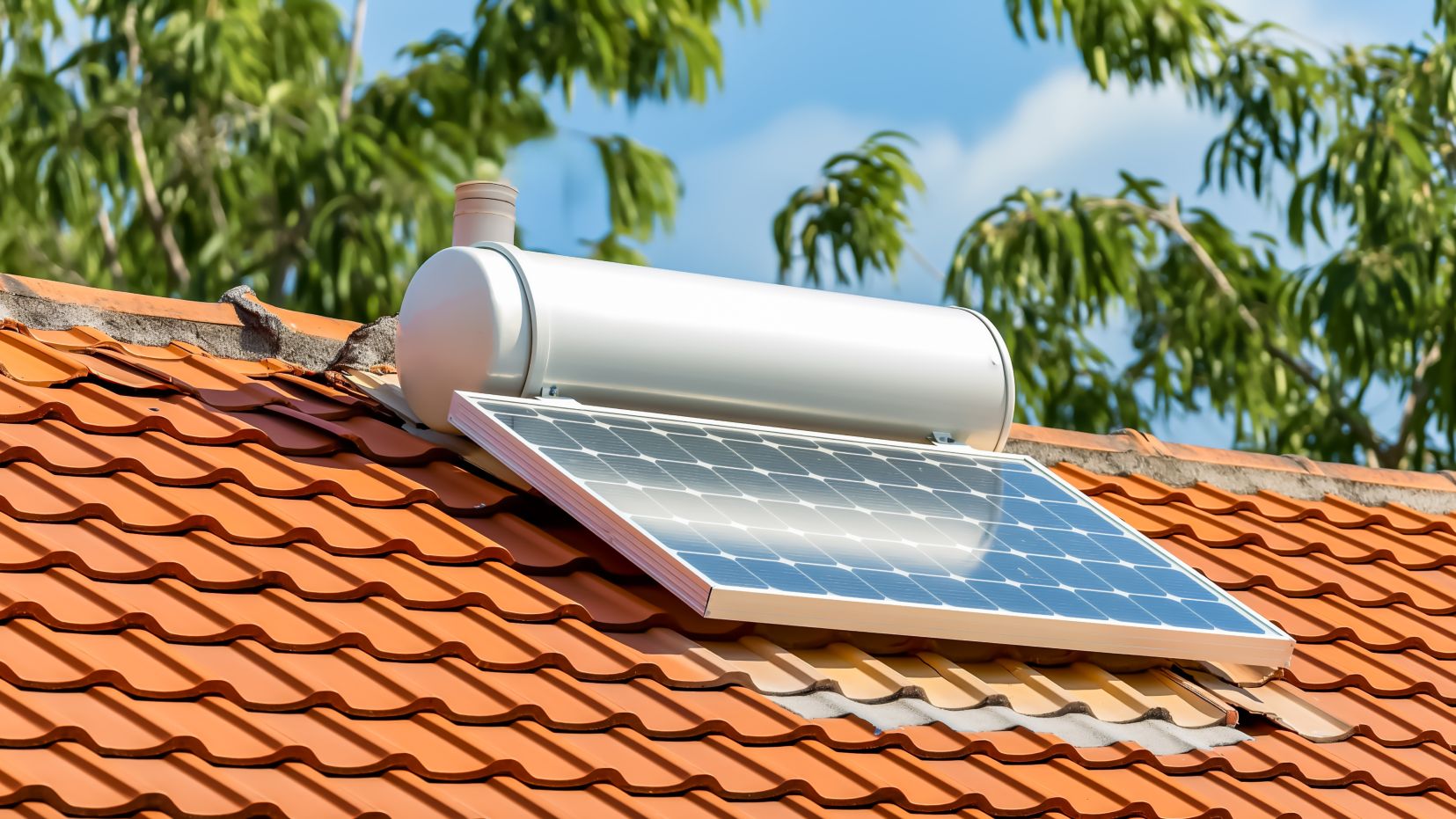 Solar water heater on a tiled roof